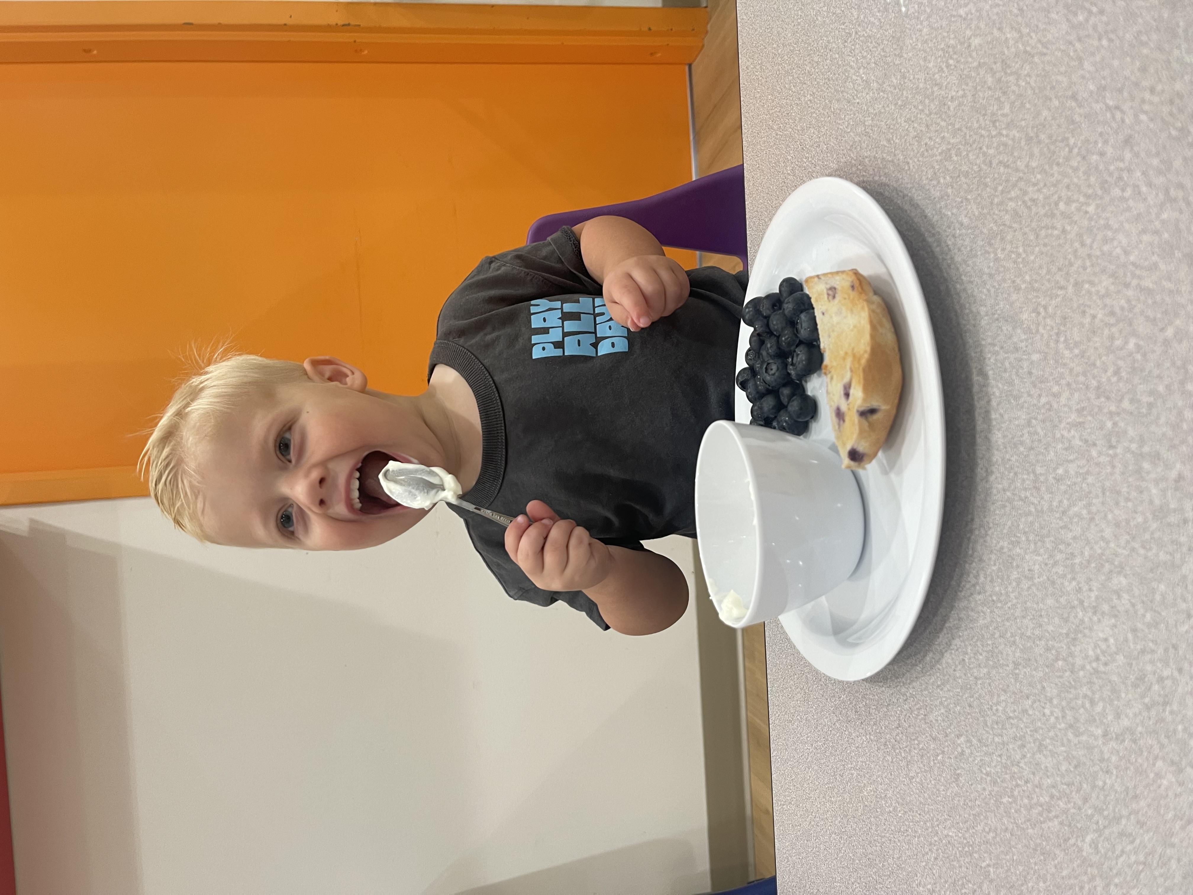 A young child with short blonde hair is sitting at a table, holding a spoon with yogurt, and eating. In front of them is a plate with a bagel topped with blueberries and a bowl of yogurt. The child is wearing a gray shirt with "PLAY ALL DAY" written on it.