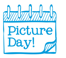 Illustration of a blue calendar page with curly edges, featuring the words "Picture Day!" in bold blue letters. The design is simple and playful, with a hand-drawn look.