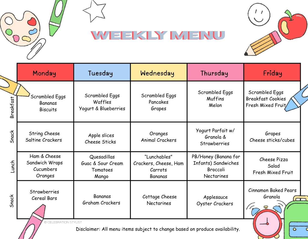 A colorful weekly menu chart for kids showing breakfast, snack, and lunch options for each weekday, with playful food and school-themed illustrations framing the menu. Includes a disclaimer about possible menu changes.