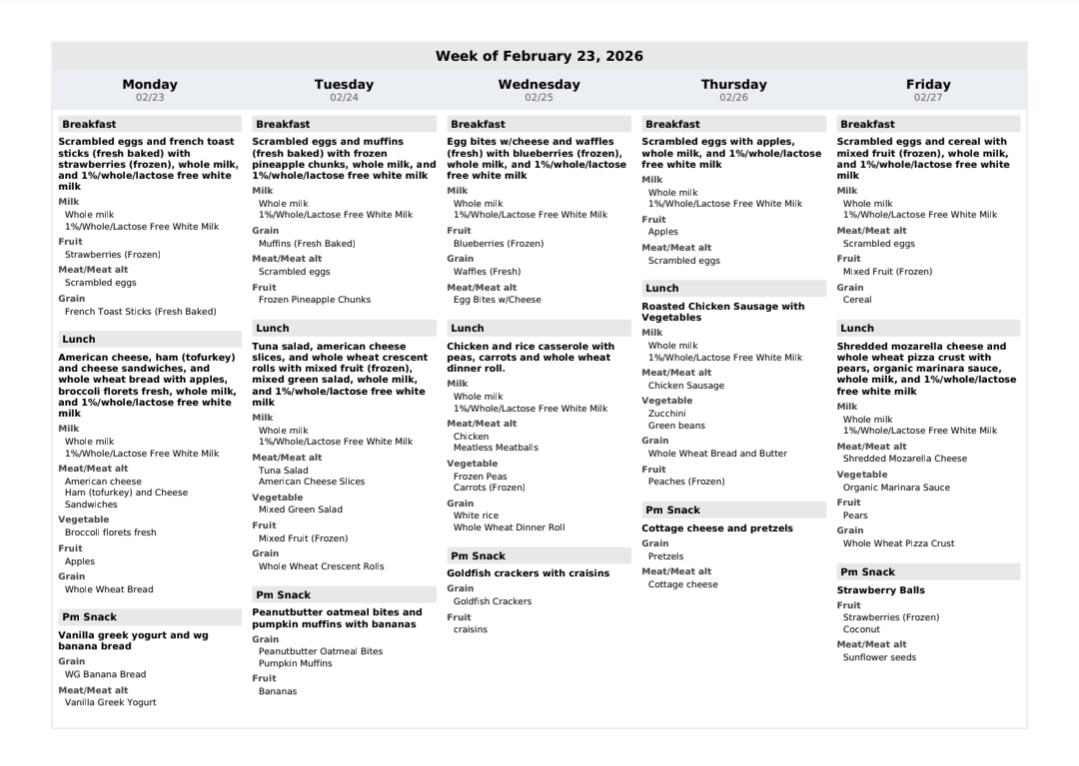 A weekly meal schedule for February 23, 2026, listing daily breakfasts, lunches, and snacks for Monday to Friday, organized in a table with detailed food items and beverage options for each meal and day.