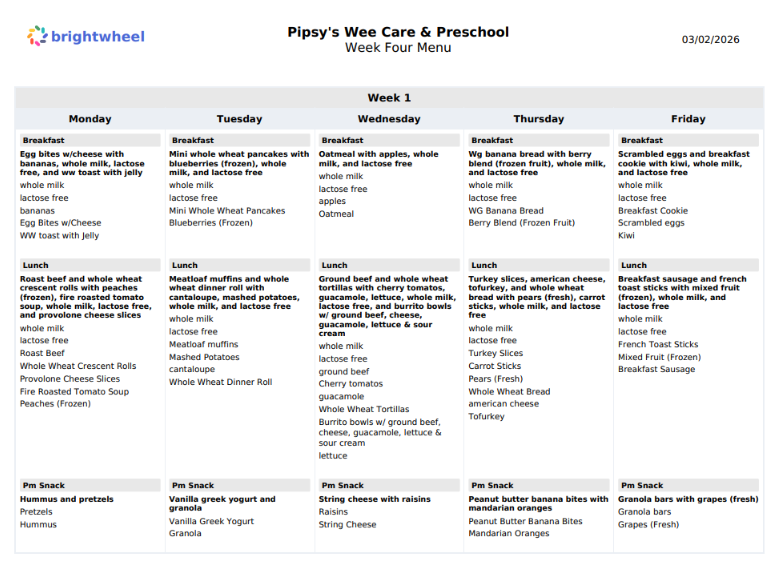 A preschool weekly menu shows breakfast, lunch, and snack options for each weekday. Meals include items like eggs, pancakes, muffins, pasta, sandwiches, fruits, and snacks, all with some lactose-free alternatives.