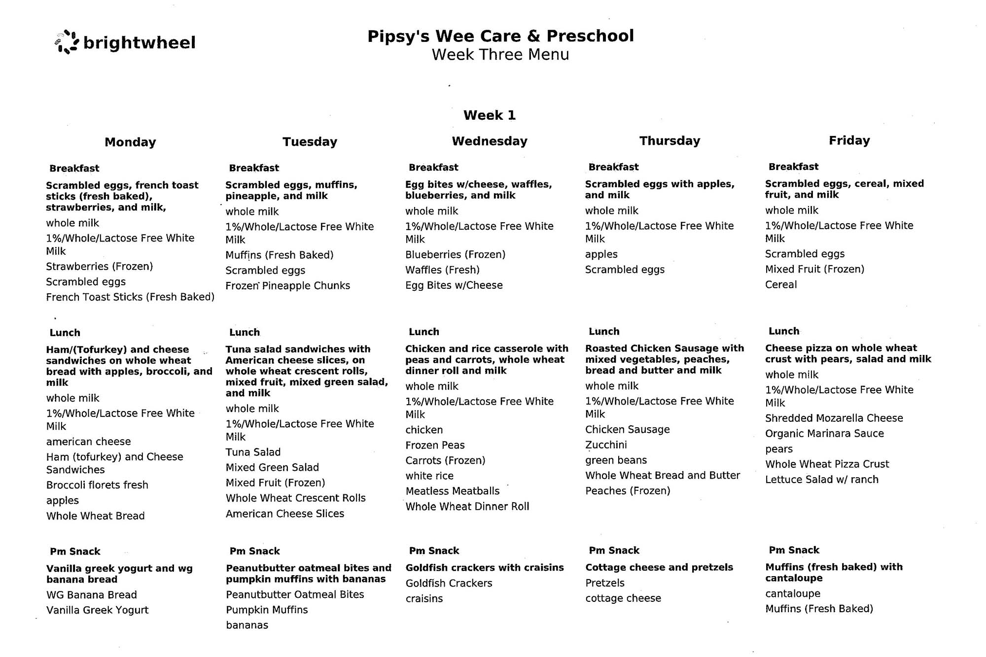 A weekly menu for Pipsy’s Wee Care & Preschool lists daily breakfast, lunch, and snacks for Monday to Friday, featuring a variety of eggs, vegetables, sandwiches, casseroles, fruits, and baked goods.